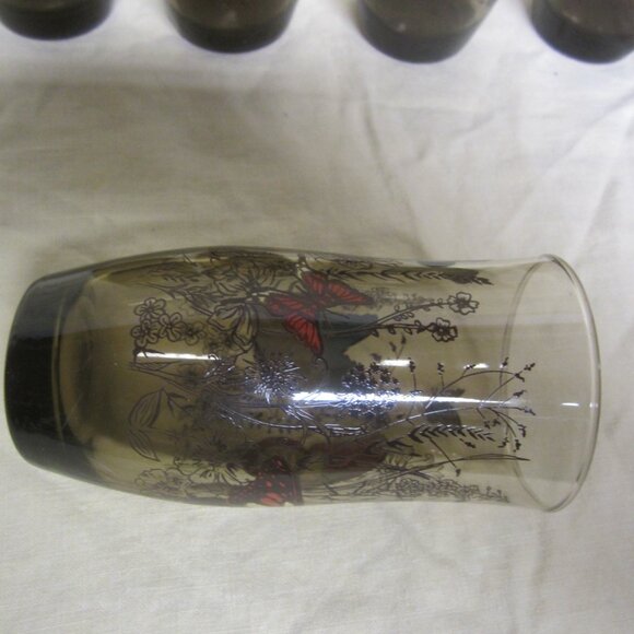 RETRO SET OF 6 TUMBLERS, SMOKEY GLASS W/BUTTERFLY DESIGN - Picture 9 of 9
